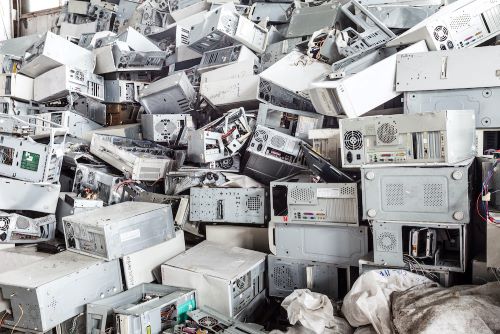 A pile of old computers for recycling