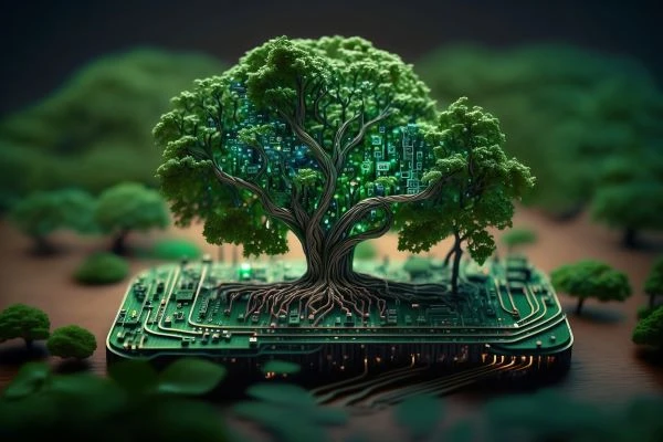 tree growing from a computer chip