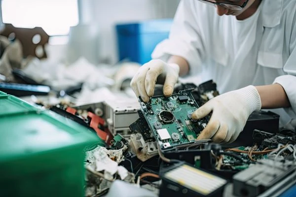 employee disassembling e-waste